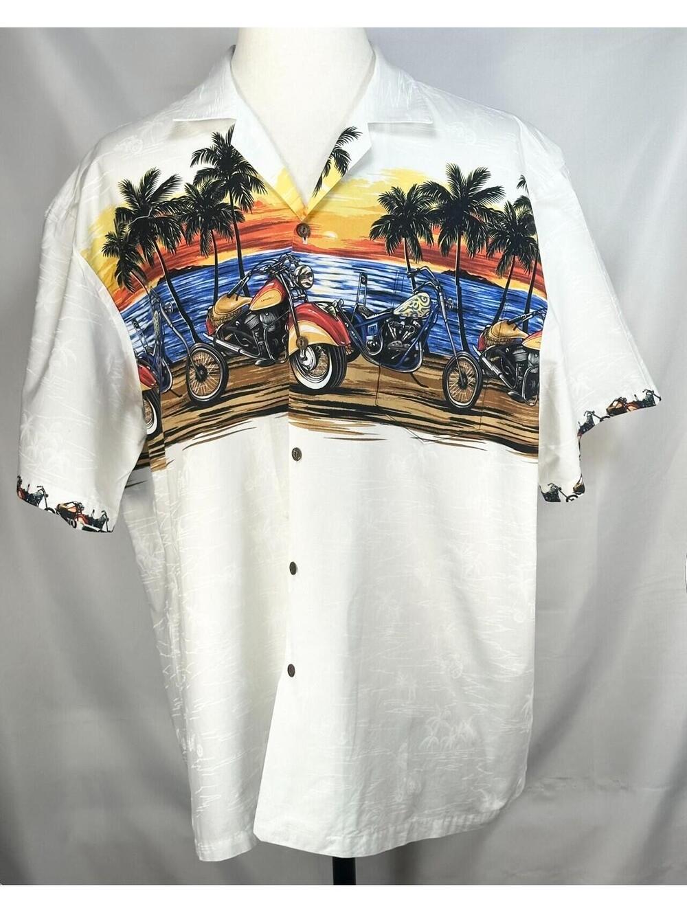Ky's Motorcycle Graphic Print Hawaiian Shirt White Mens 2XL